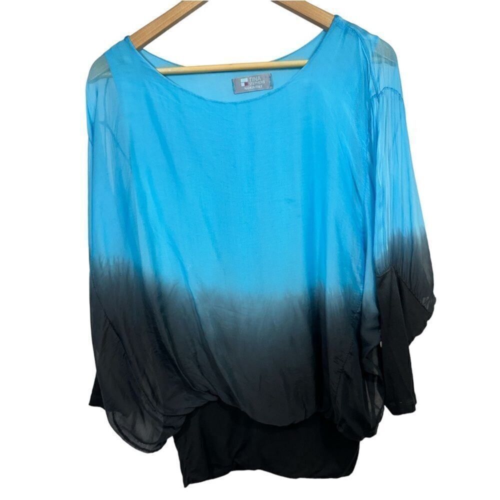 TINA STEPHENS Women’s Statement Sleeve Band Waist Ombré Top Blue/Black One Size